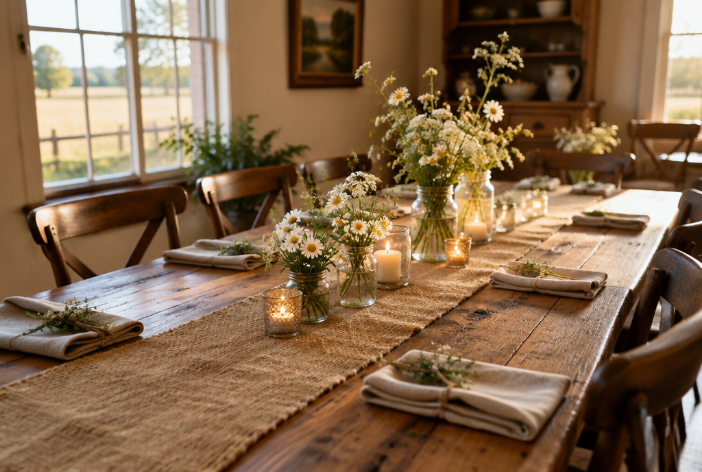 Chemin de table en toile de jute sur une table en bois de ferme, bocaux de fleurs blanches et petites bougies Image