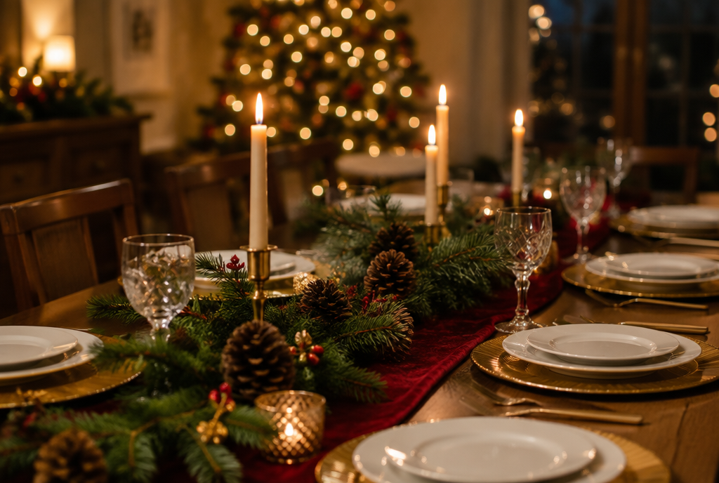 Table de Noël avec un chemin de table rouge en velours, sets dorés, assiettes blanches, branches de sapin et bougies allumées Image