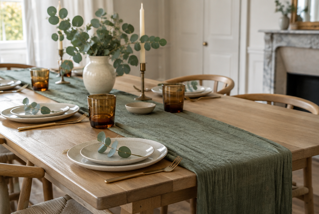 Chemin de table en gaze de coton vert sauge sur une table en bois clair, assiettes crème et brins d'eucalyptus Image