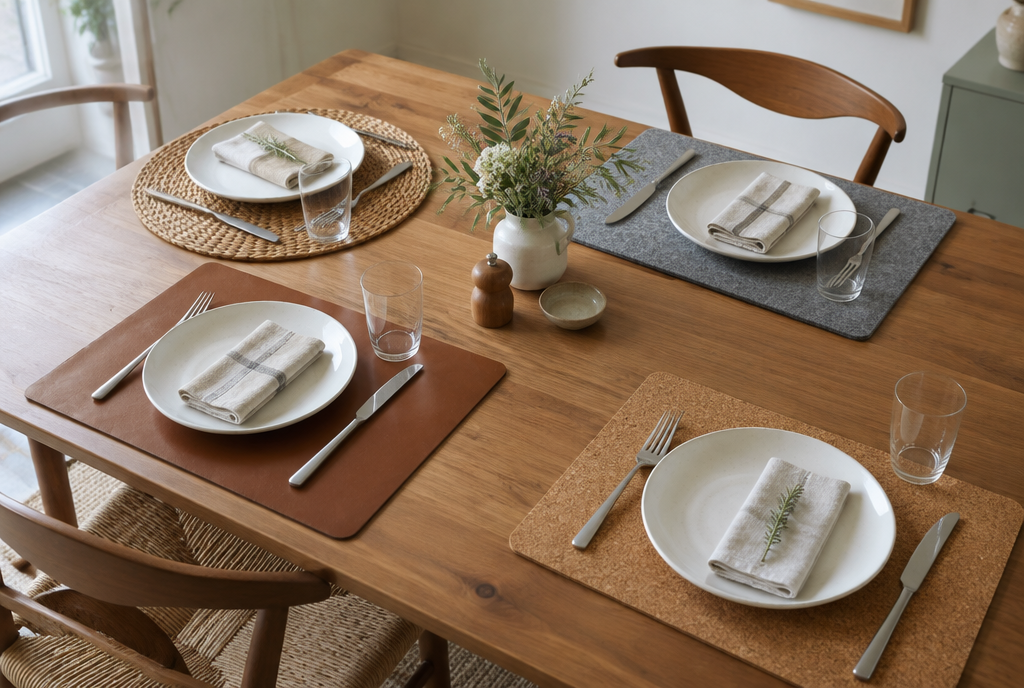 Table en bois dressée pour quatre avec des sets de table de matières différentes : rotin, tissu, simili cuir et liège