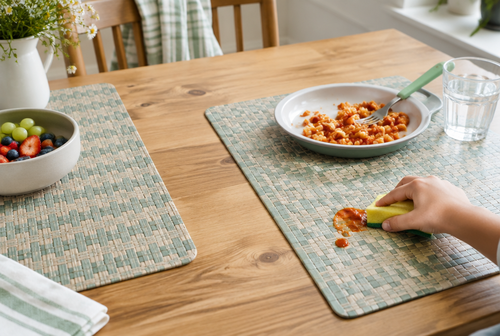 Table de cuisine familiale avec des sets de table en vinyle tissé vert sauge et beige, une éponge essuie une petite tache Image