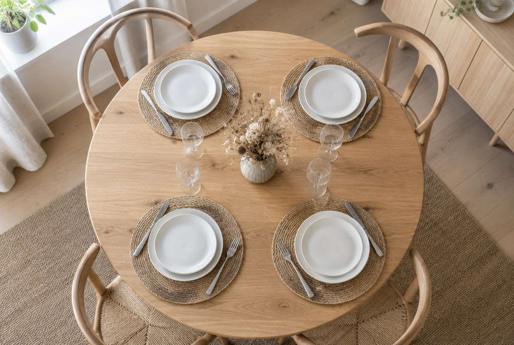 Table ronde en chêne clair dressée pour quatre avec des sets de table ronds en jute et des assiettes blanches Image