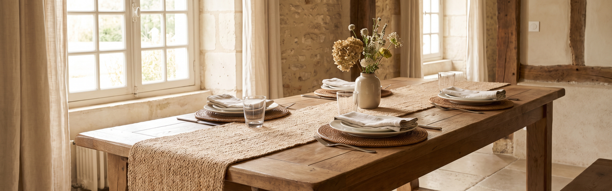 Grande table en chêne dressée avec un chemin de table en jute et des sets ronds en rotin, lumière du jour