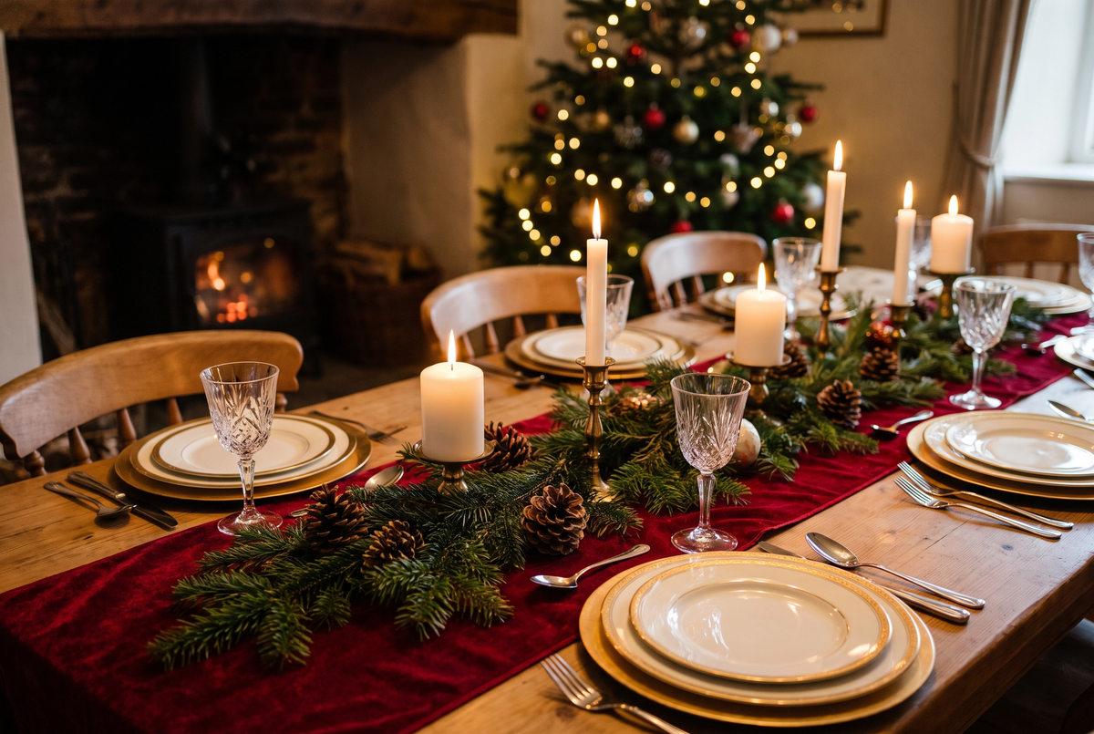 Table de Noël avec chemin de table en velours rouge, branches de sapin et bougies Image