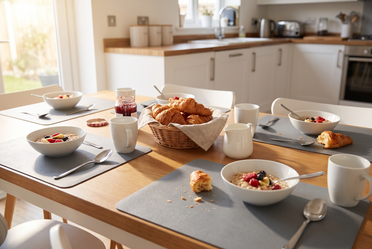 Sets de table en plastique gris sous les bols du petit-déjeuner sur une table de cuisine Image