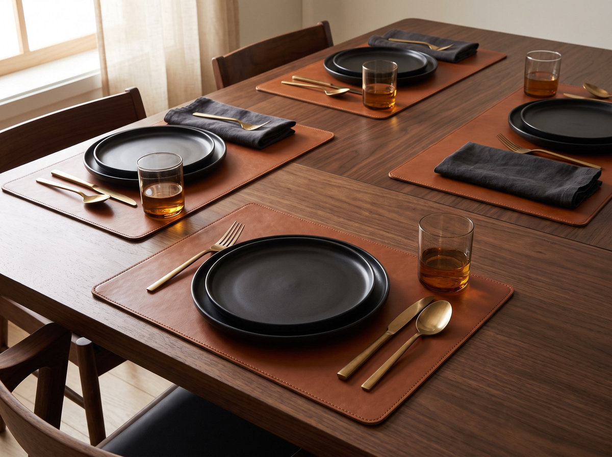 Sets de table rectangulaires en cuir cognac sur une table en noyer, assiettes noires