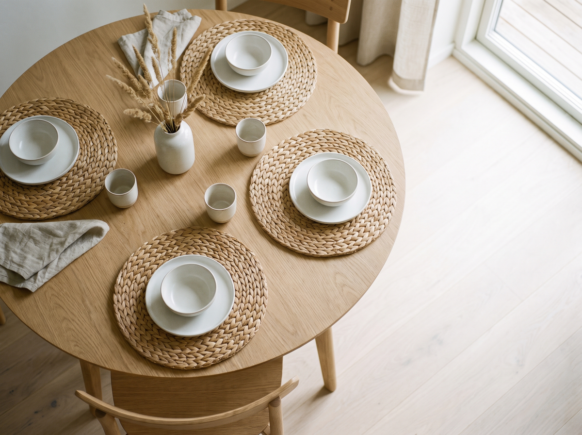 Quatre sets de table ronds en fibres tressées sur une table ronde en bois