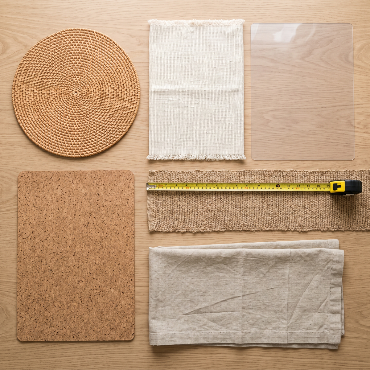 Sets de table en liège, rotin, coton et transparent avec chemins de table en lin et jute et un mètre ruban Image